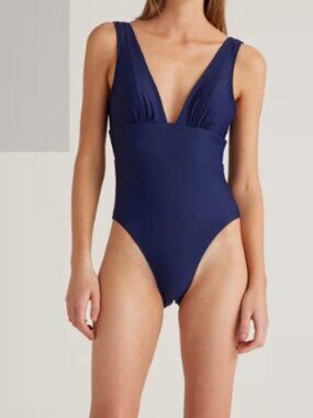 Quince Italian Plunge One-Piece Swimsuit Deep Navy L NWT